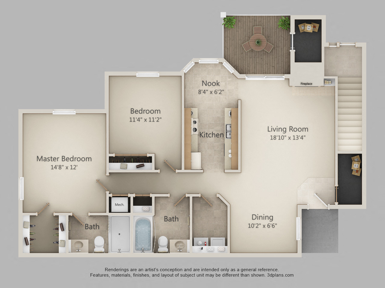 Floor plan for 2 beds, 2 baths, 1200 sqft